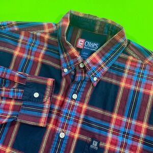 Chaps Ralph Lauren Mens XL Plaid Button Down Shirt Red Navy Blue Long‎ Sleeve